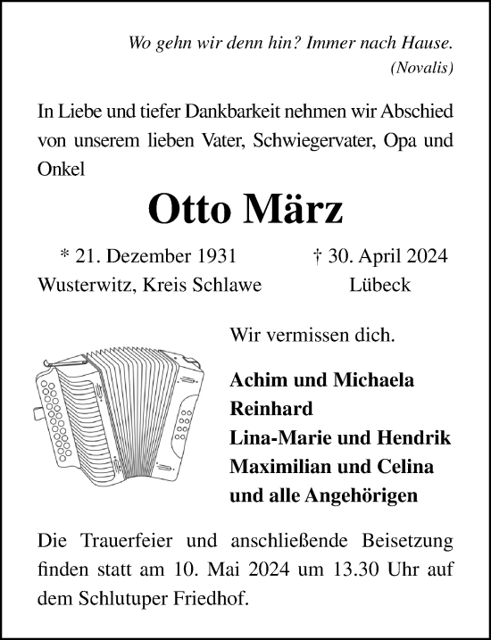 Traueranzeige von Otto März von Lübecker Nachrichten