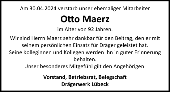 Traueranzeige von Otto Maerz von Lübecker Nachrichten