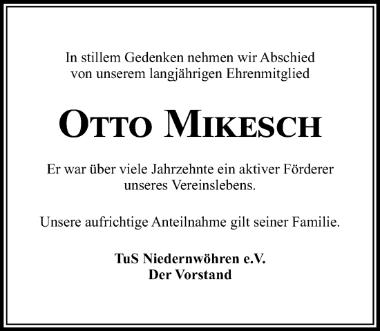 Traueranzeige von Otto Mikesch von Schaumburger Nachrichten