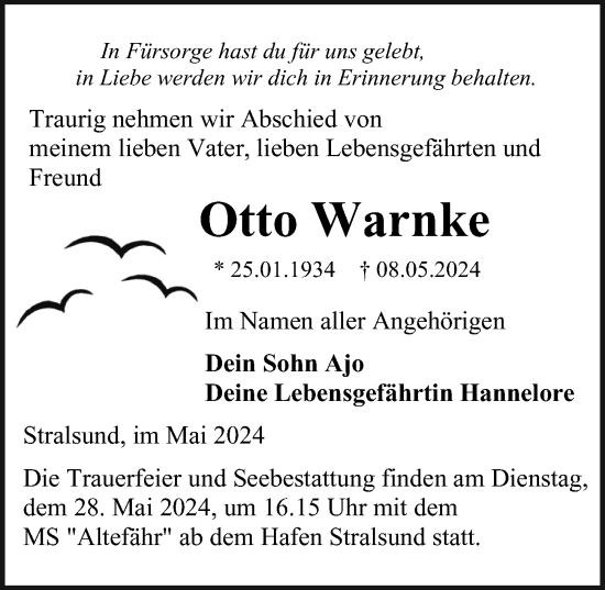 Traueranzeige von Otto Warnke von Ostsee-Zeitung GmbH