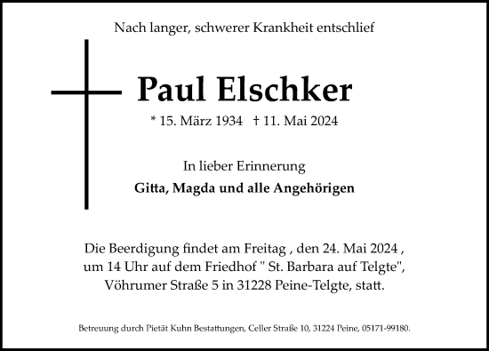 Traueranzeige von Paul Elschker von Peiner Allgemeine Zeitung