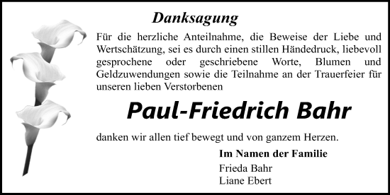 Traueranzeige von Paul-Friedrich Bahr von Ostsee-Zeitung GmbH