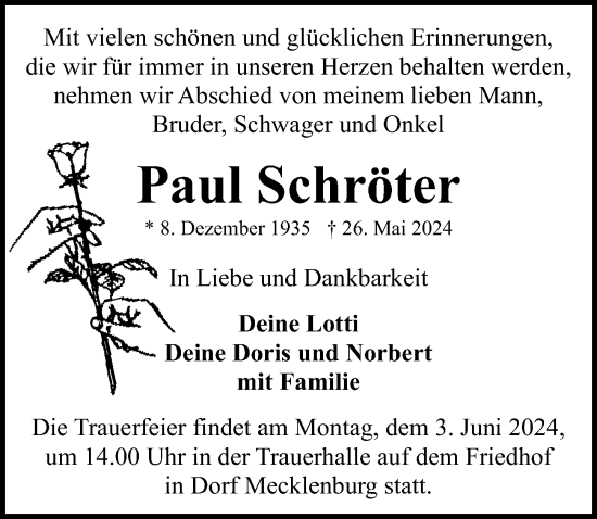 Traueranzeige von Paul Schröter von Ostsee-Zeitung GmbH