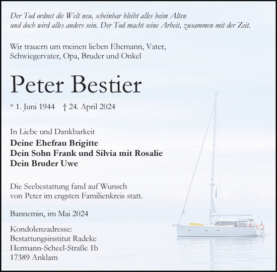 Traueranzeige von Peter Bestier von Ostsee-Zeitung GmbH