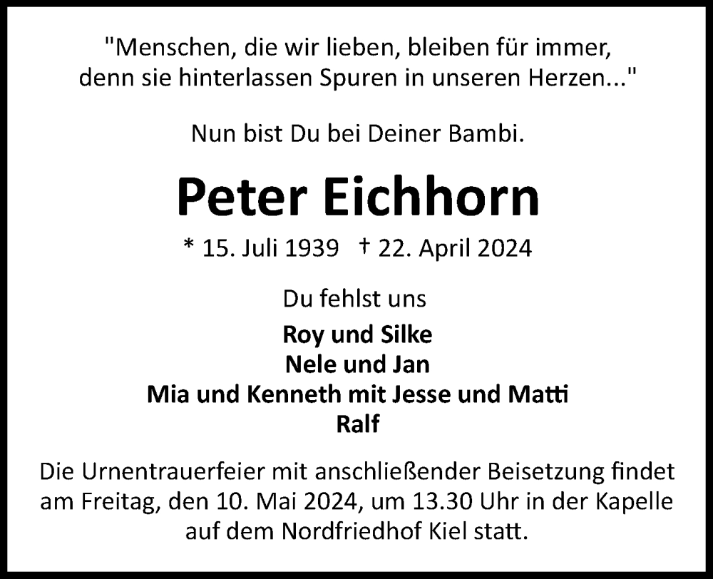  Traueranzeige für Peter Eichhorn vom 04.05.2024 aus Kieler Nachrichten
