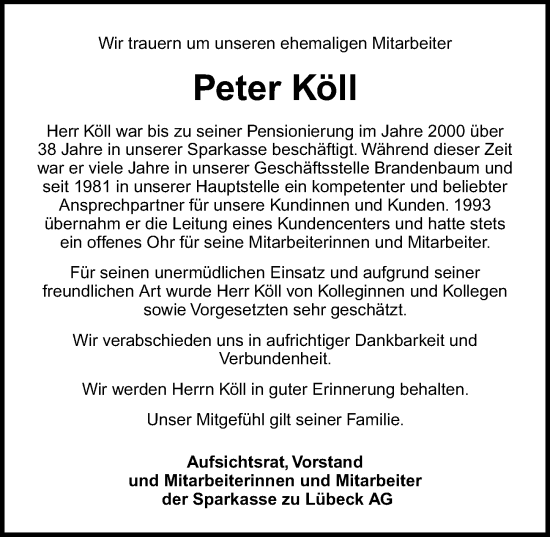 Traueranzeige von Peter Köll von Lübecker Nachrichten
