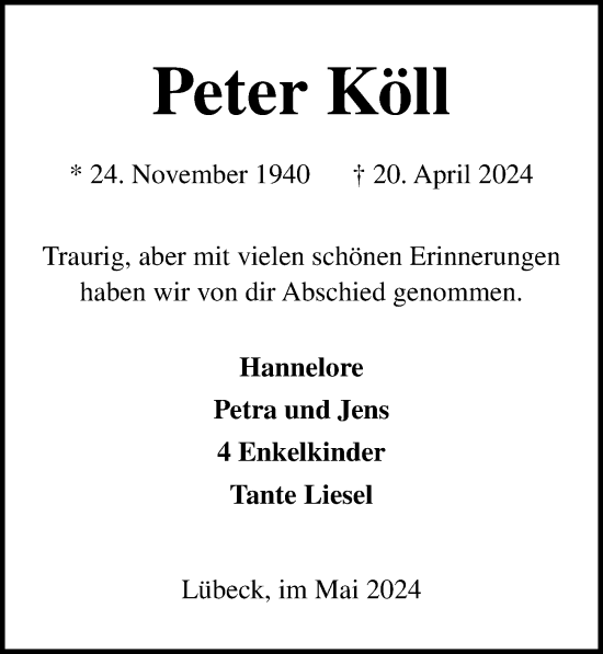 Traueranzeige von Peter Köll von Lübecker Nachrichten