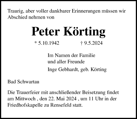 Traueranzeige von Peter Körting von Lübecker Nachrichten