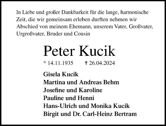 Traueranzeige von Peter Kucik von Ostsee-Zeitung GmbH