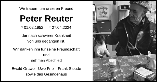 Traueranzeige von Peter Reuter von Ostsee-Zeitung GmbH