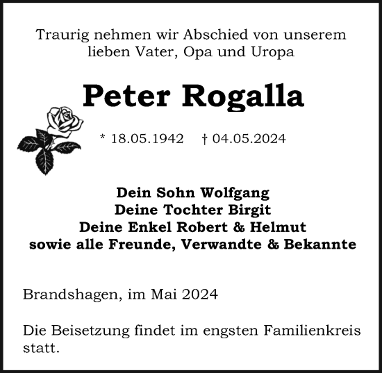 Traueranzeige von Peter Rogalla von Ostsee-Zeitung GmbH