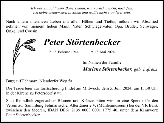 Traueranzeige von Peter Störtenbecker von Lübecker Nachrichten