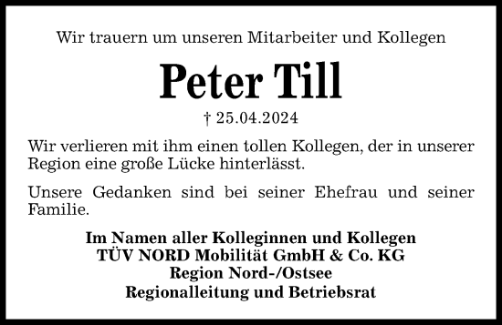 Traueranzeige von Peter Till von Kieler Nachrichten