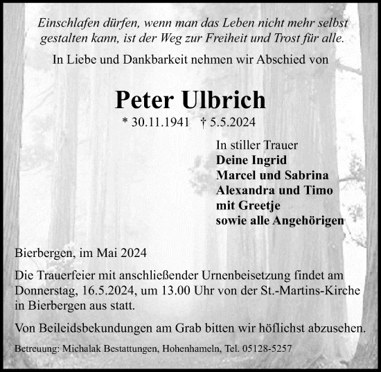 Traueranzeige von Peter Ulbrich von Peiner Allgemeine Zeitung