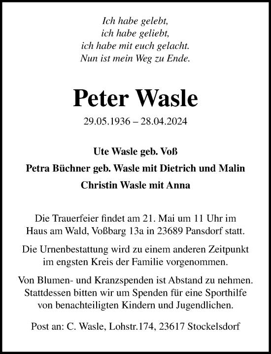 Traueranzeige von Peter Wasle von Lübecker Nachrichten