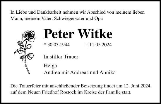 Traueranzeige von Peter Witke von Ostsee-Zeitung GmbH