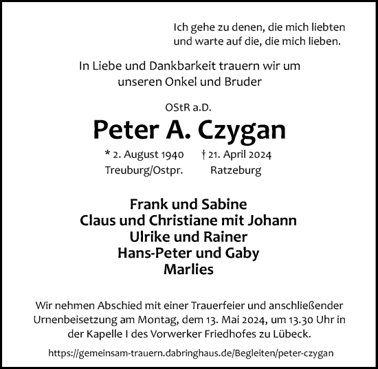 Traueranzeige von Peter A. Czygan von Lübecker Nachrichten