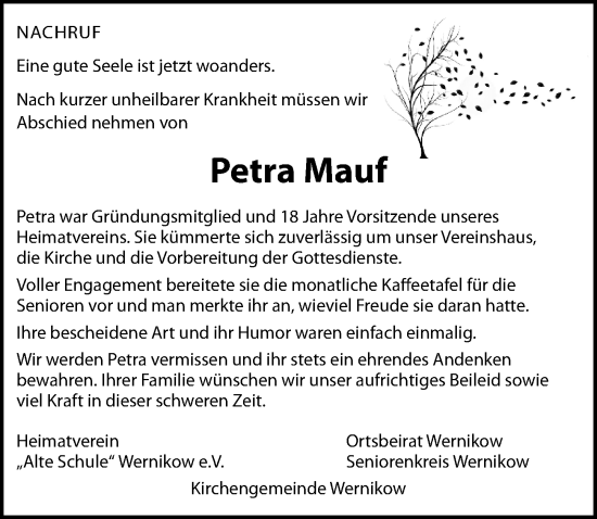 Traueranzeige von Petra Mauf von Wochenspiegel