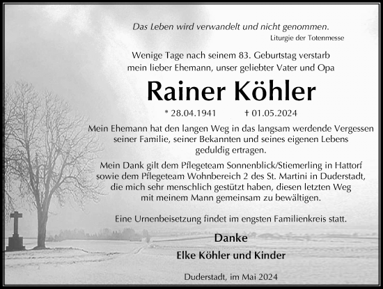 Traueranzeige von Rainer Köhler von Eichsfelder Tageblatt