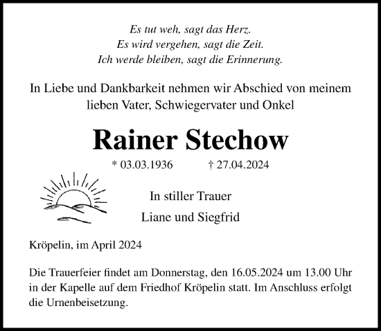 Traueranzeige von Rainer Stechow von Ostsee-Zeitung GmbH