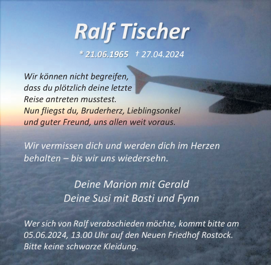 Traueranzeige von Ralf Tischer von Ostsee-Zeitung GmbH
