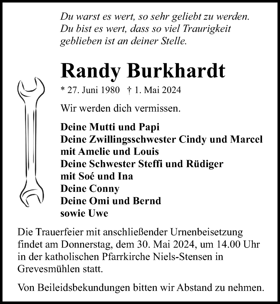  Traueranzeige für Randy Burkhardt vom 18.05.2024 aus Ostsee-Zeitung GmbH