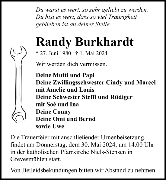 Traueranzeige von Randy Burkhardt von Ostsee-Zeitung GmbH