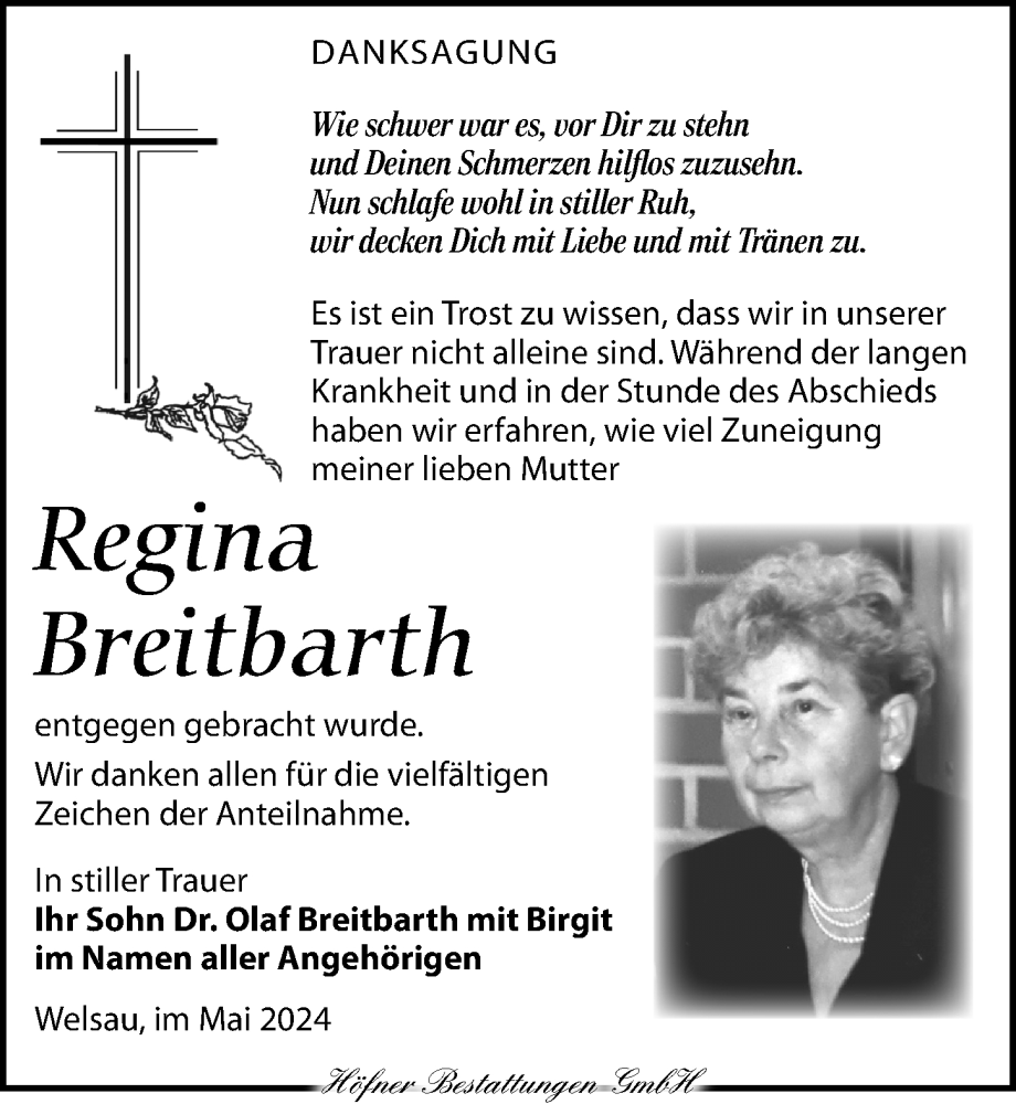  Traueranzeige für Regina Breitbarth vom 11.05.2024 aus Torgauer Zeitung