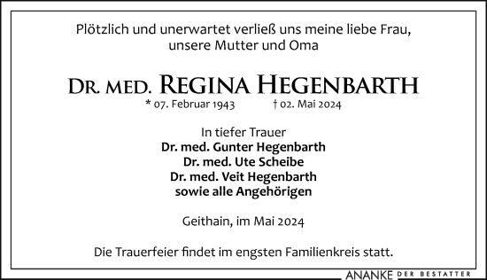 Traueranzeige von Regina Hegenbarth von Leipziger Volkszeitung