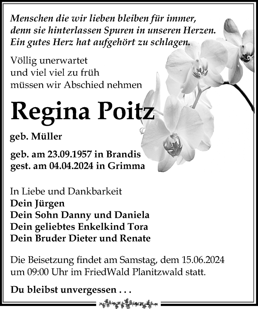  Traueranzeige für Regina Poitz vom 25.05.2024 aus Leipziger Volkszeitung