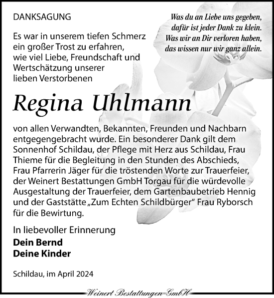 Traueranzeige von Regina Uhlmann von Torgauer Zeitung