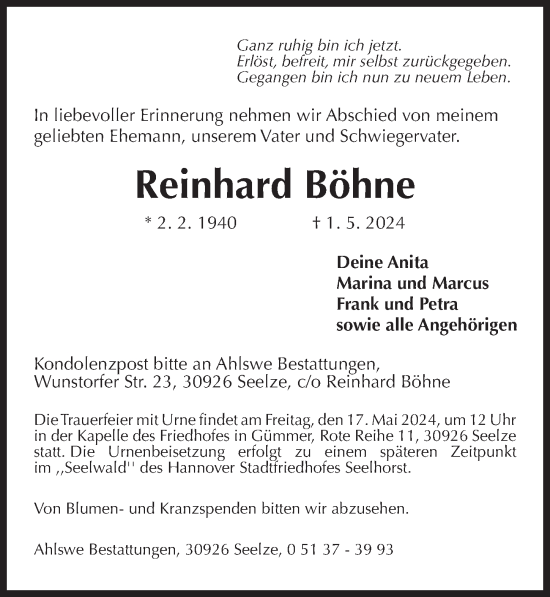 Traueranzeige von Reinhard Böhne von Hannoversche Allgemeine Zeitung/Neue Presse