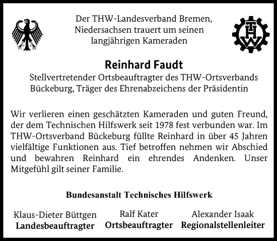 Traueranzeige von Reinhard Faudt von Schaumburger Zeitung/ Landes-Zeitung