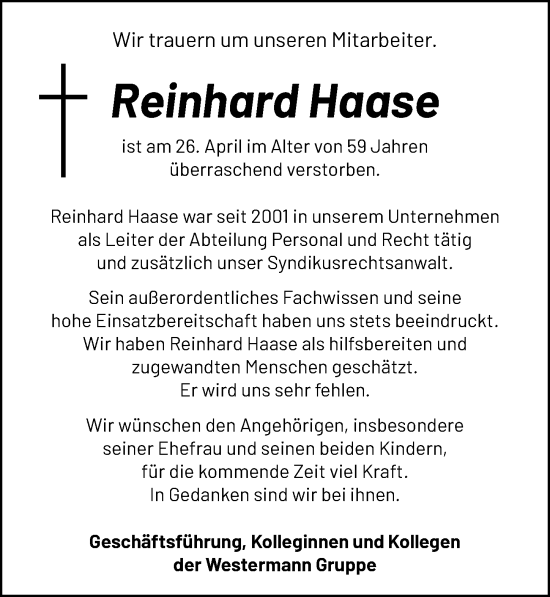 Traueranzeige von Reinhard Haase von Hannoversche Allgemeine Zeitung/Neue Presse