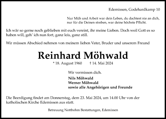 Traueranzeige von Reinhard Möhwald von Peiner Allgemeine Zeitung