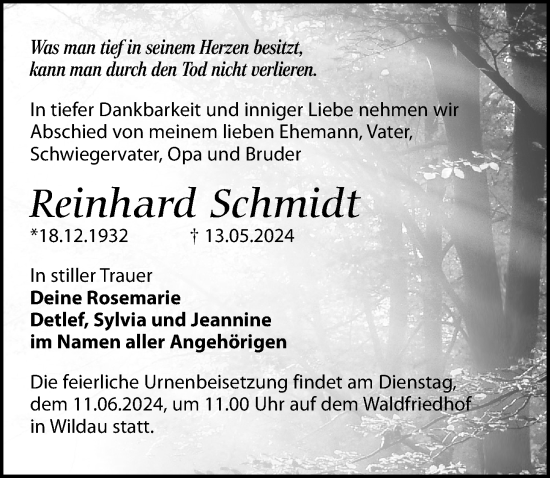 Traueranzeige von Reinhard Schmidt von Märkischen Allgemeine Zeitung