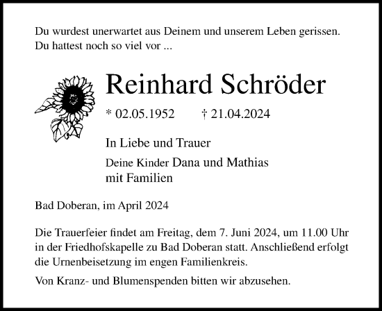 Traueranzeige von Reinhard Schröder von Ostsee-Zeitung GmbH