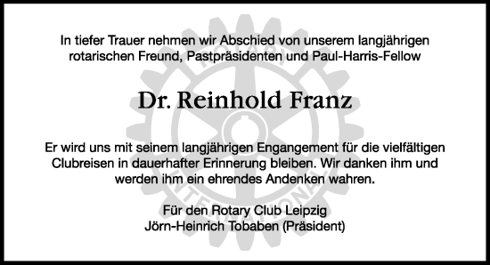 Traueranzeige von Reinhold Franz von Leipziger Volkszeitung