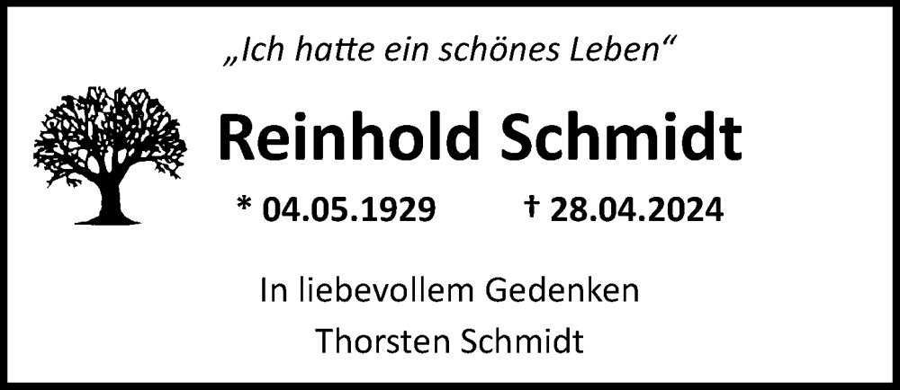  Traueranzeige für Reinhold Schmidt vom 11.05.2024 aus Ostsee-Zeitung GmbH