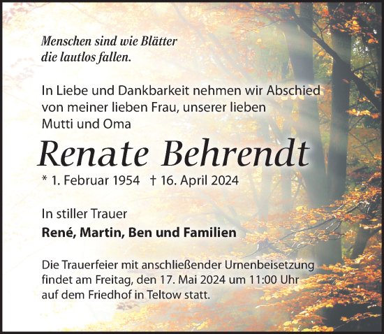 Traueranzeige von Renate Behrendt von Märkischen Allgemeine Zeitung