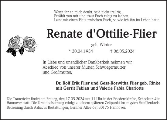 Traueranzeige von Renate dOttilie-Flier von Hannoversche Allgemeine Zeitung/Neue Presse