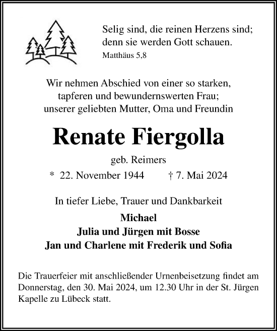 Traueranzeige von Renate Fiergolla von Lübecker Nachrichten