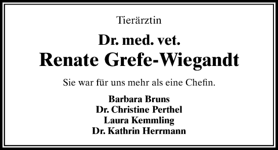 Traueranzeige von Renate Grefe-Wiegandt von Göttinger Tageblatt
