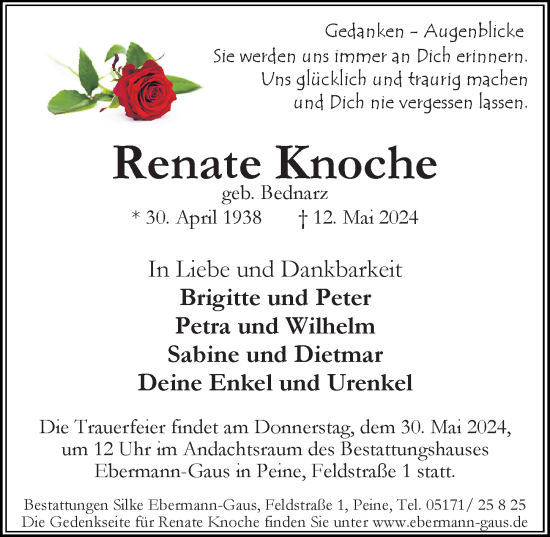 Traueranzeige von Renate Knoche von Peiner Allgemeine Zeitung