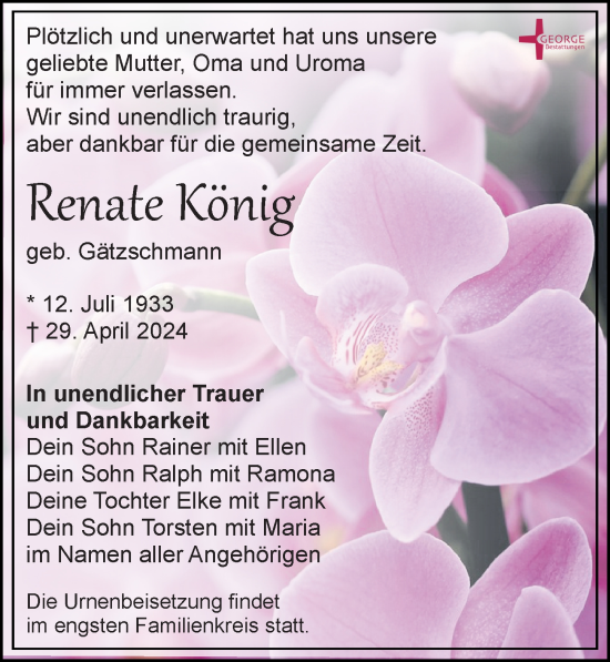 Traueranzeige von Renate König von Leipziger Volkszeitung