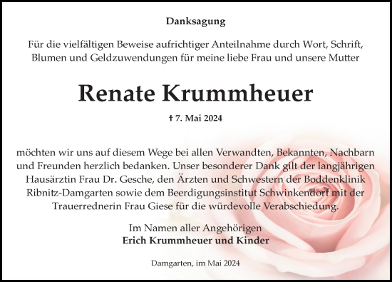 Traueranzeige von Renate Krummheuer von Ostsee-Zeitung GmbH