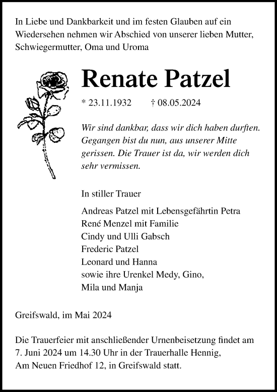 Traueranzeige von Renate Patzel von Ostsee-Zeitung GmbH