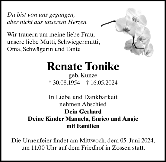 Traueranzeige von Renate Tonike von Märkischen Allgemeine Zeitung