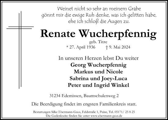 Traueranzeige von Renate Wucherpfennig von Peiner Allgemeine Zeitung