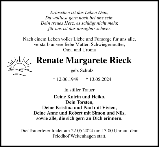 Traueranzeige von Renate Margarete Rieck von Ostsee-Zeitung GmbH